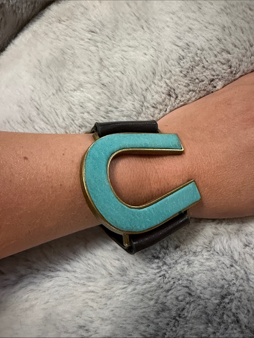 Pink Zebra Turquoise Horseshoe Cuff Bracelet with Gold Trim